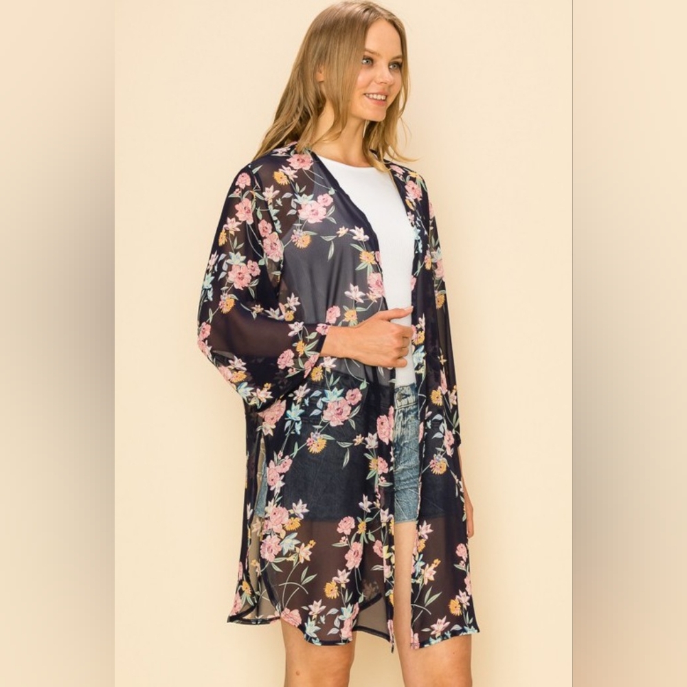 Boutique boho sheer floral kimono in navy with pink flowers - Picture 7 of 7
